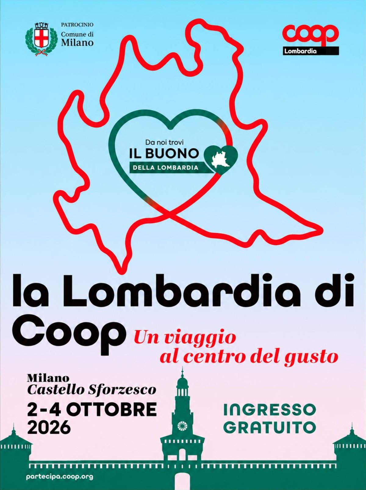 Locandina la Lombardia di Coop — Un viaggio al centro del gusto, Castello Sforzesco, 2-4 ottobre 2026, ingresso gratuito